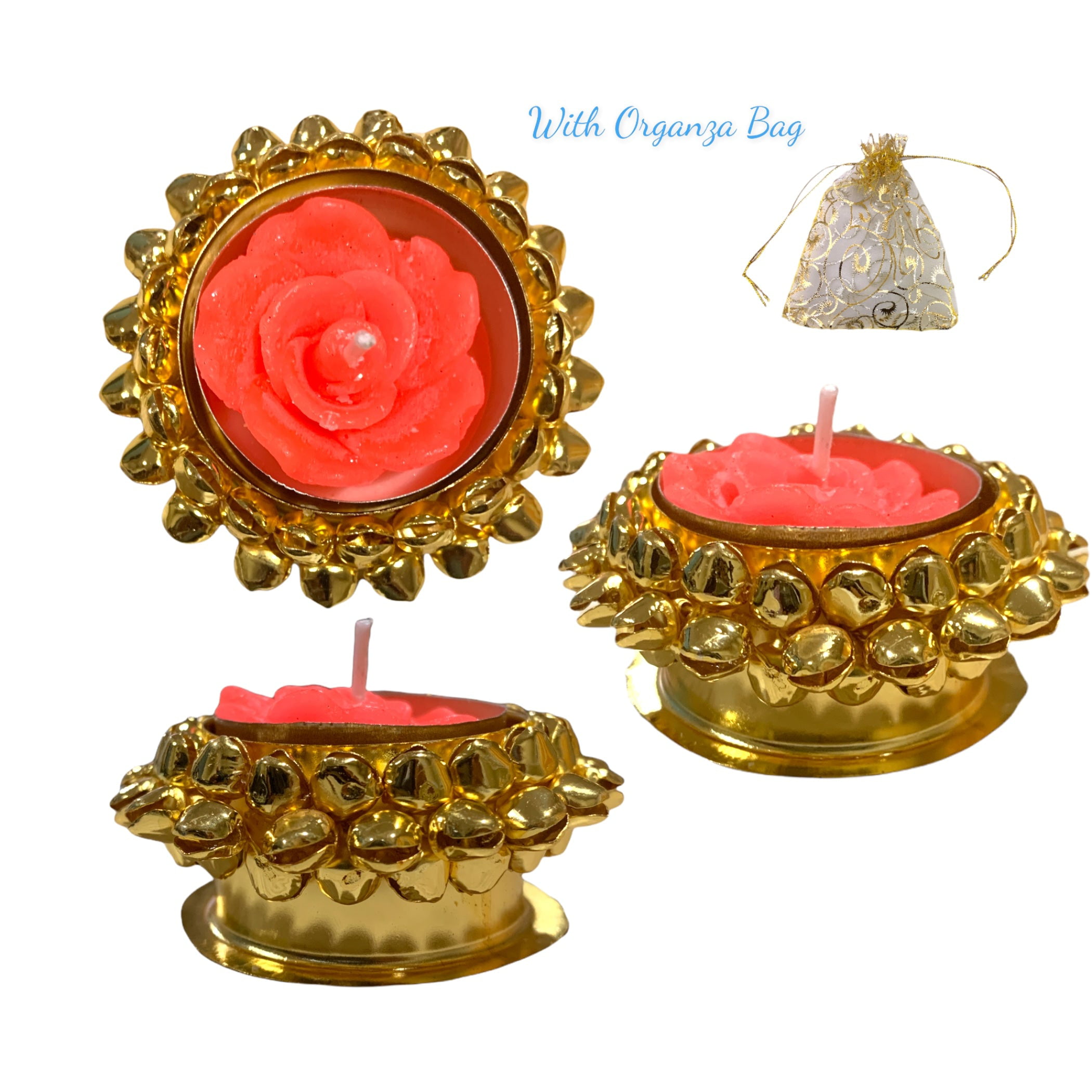 Diwali Decorations and Gift Items STORE INDYA Set of 5 Fancy Diwali Diyas with tealight Holder Decorated with Roses and Greeting Card Home Decor for Diwali Indian Diwali Diya 