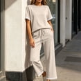 thumbnail image 6 of Mifsaly Comfy Lounge Sets for Women Casual Short Sleeve Crewneck T-Shirt and High Waisted Wide Leg Sweatpants Outdoor Travel Vacation Loungewear Beige,L, 6 of 7