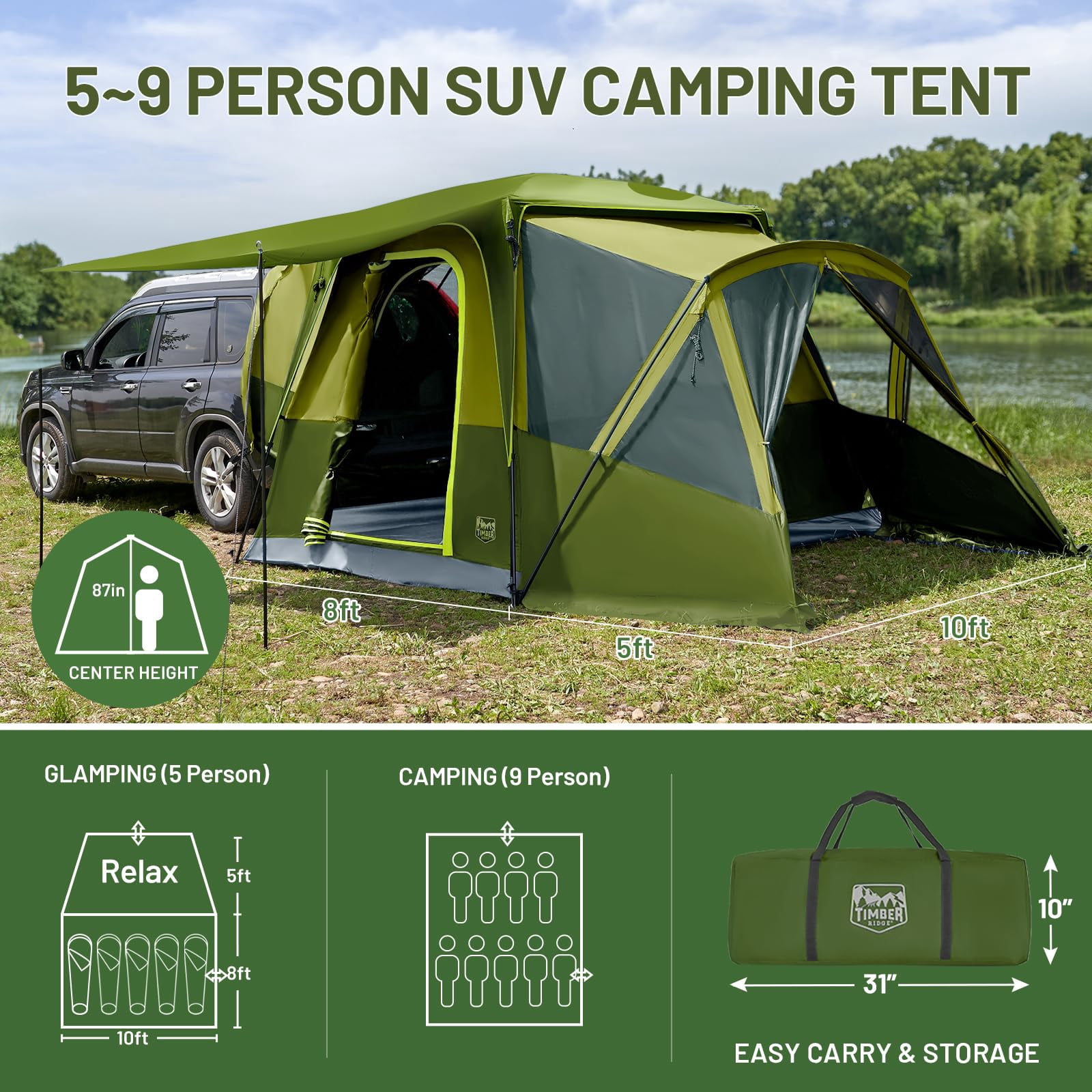 Timber Ridge 5-9 Person SUV Tent with Screen Porch and Awning for Family Camping, Weather Resistant and Portable Van or Car Tent,Green