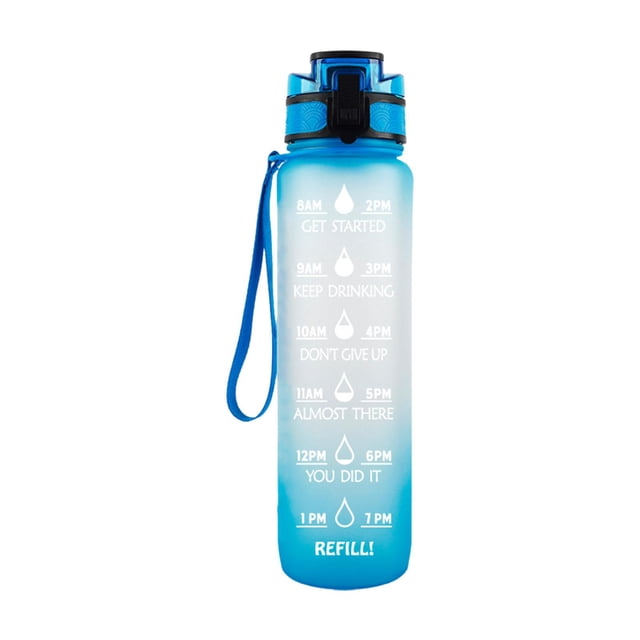 Botella de agua reutilizable de 1 l, fácil de transportar con cordón, boca ancha. Azul claro