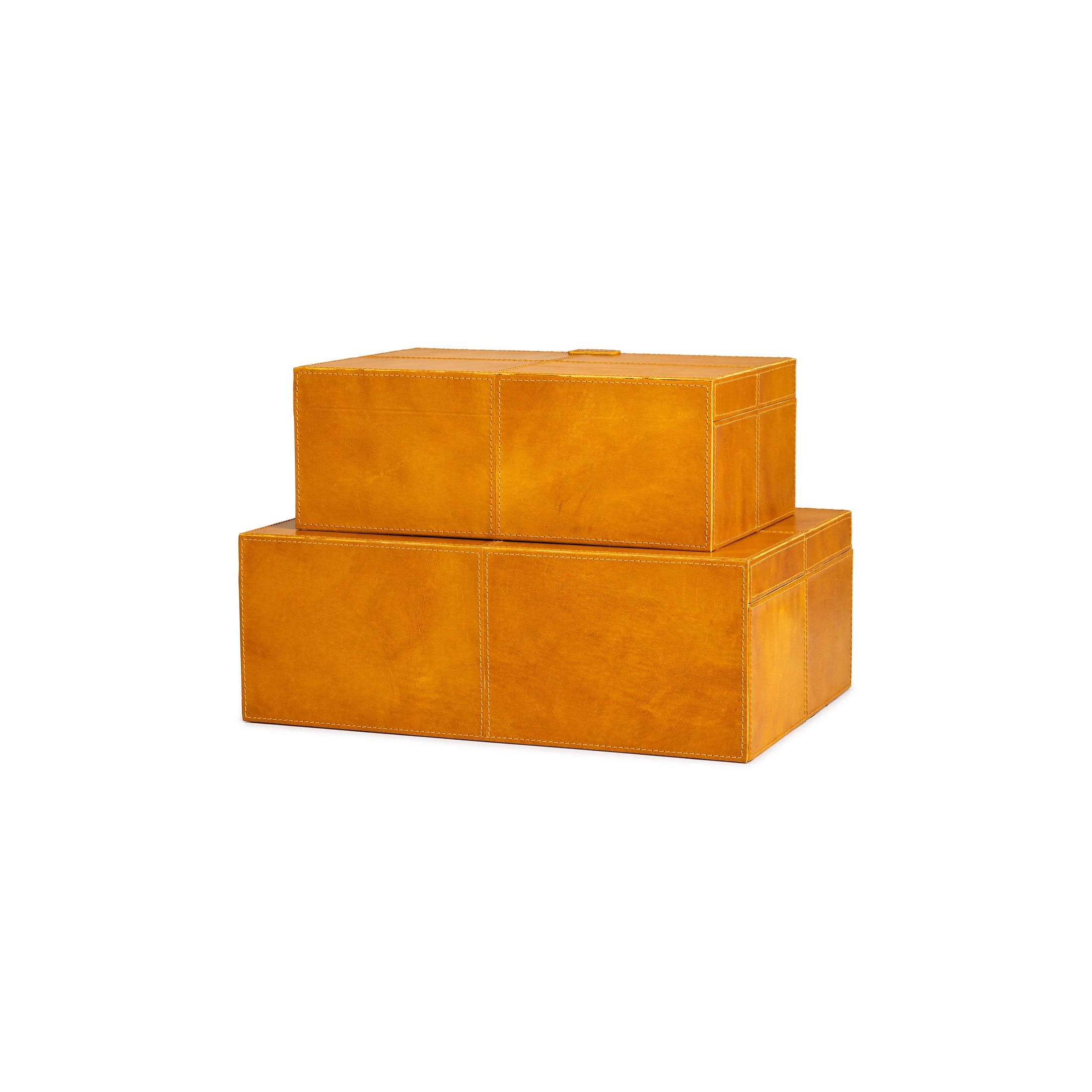 DecMode Handmade Storage Brown Leather Decorative Box with Snap Front Closure and Orange Cognac Hue, 2 Count