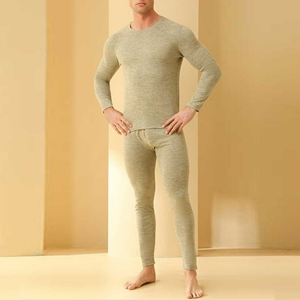 Conjuntos de ropa interior térmica para hombre, ropa holgada de color liso para el hogar, pantalones con bolsillos, top de manga larga con cuello redondo, conjuntos de pijama, pantalones superiores de