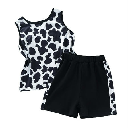 

B91xZ Girl Outfits Cow Pattern Children s Vest Suit Toddler Summer New Milk Cow Wide Sling Children s Suit Cartoon Black Sizes 9-10 Years