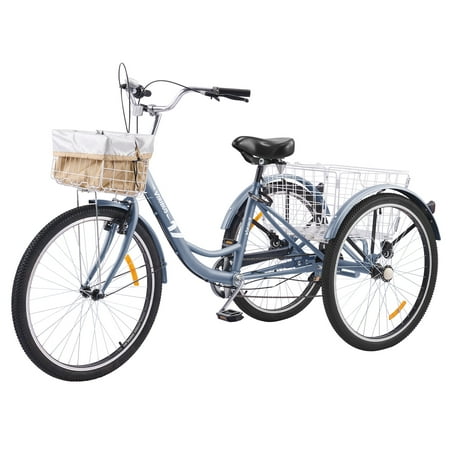 VIRIBUS 24 Inch Adult Trike 7 Speed Bike w Adjustable Seat 2 Baskets Matte Gray