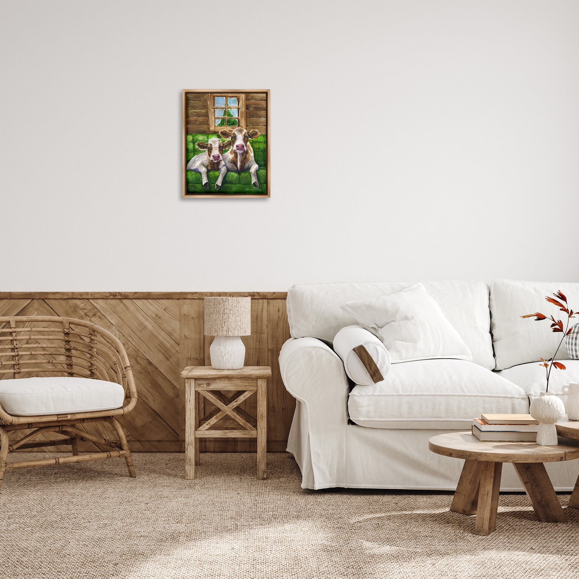 Stupell Industries Cows in Barn Cabin Animals & Insects Painting Brown Floater Framed Canvas Art Print Wall Art, 17 x 21