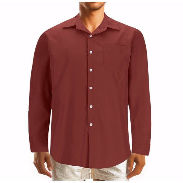 Blusa y camisa de manga larga con cuello vuelto para hombre, estilo casual, de color liso, con botones y bolsillos, de poliéster y algodón.