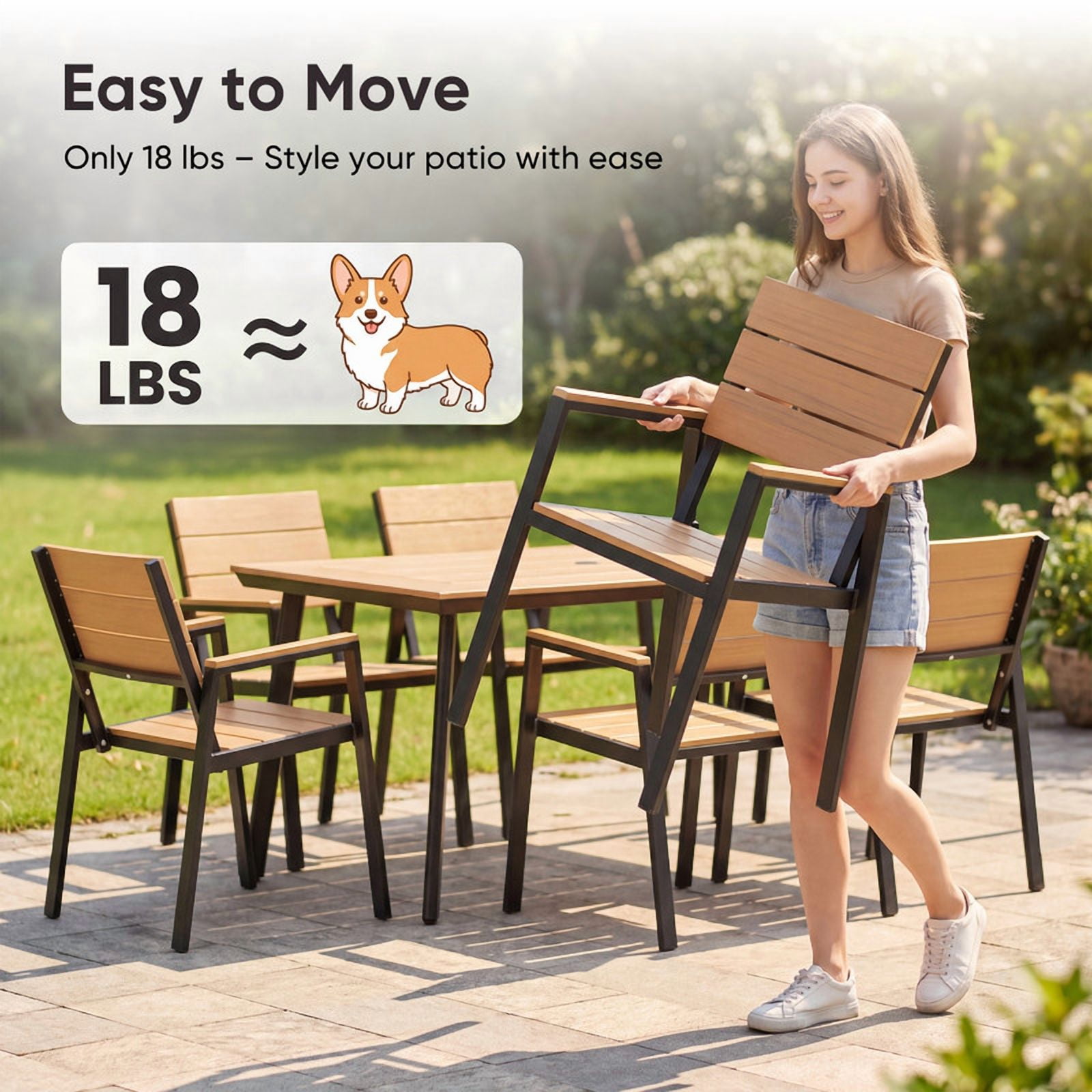 Vineego 7‑Piece Patio Dining Set for 6, Weather‑Resistant Aluminum & HIPS Outdoor Furniture with Umbrella Hole