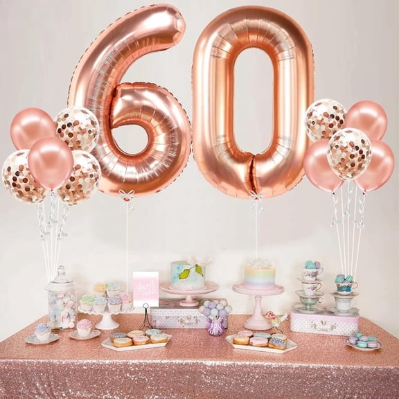 12Pcs Rose Gold 60th Birthday Party Decorations 32Inch Number 60 Foil Balloons 12Inch Latex Confetti Balloons for 60 Year Old Women Lady Birthday Anniversary Party Home Decorations Supplies