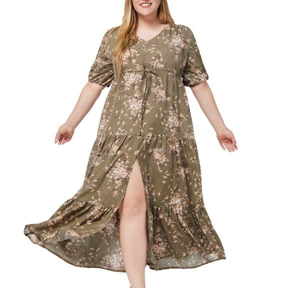 DailyTrove Women's Plus Size Printed Maxi Dress-Short Sleeve-High-Low Hem-Rayon-for Summer Picnic/Casual Gathering-Plus Size Boho Print