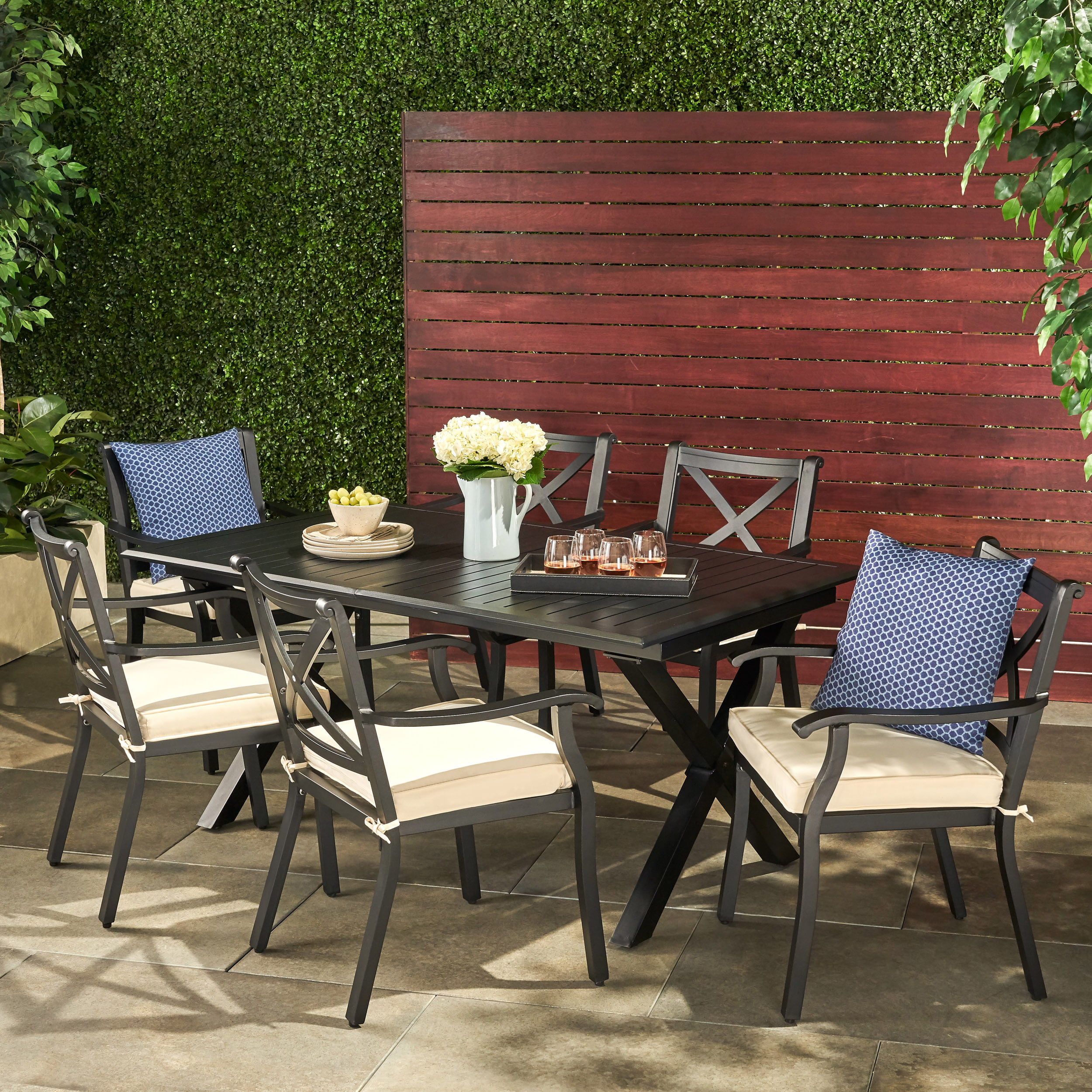 Eowyn Outdoor 7 Piece Cast Aluminum Dining Set With Ivory Water