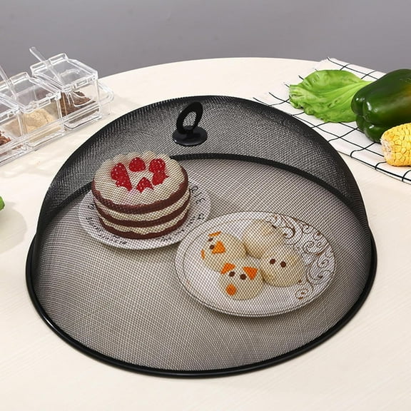 Metal Mesh Screen Food Cover with Handle, 9.5 inch Round, Reusable Food Dome Cover Mesh Net Protector for Fruit Picnic Camping Kitchen Indoor Outdoor, Keeping Out Fly(Black)