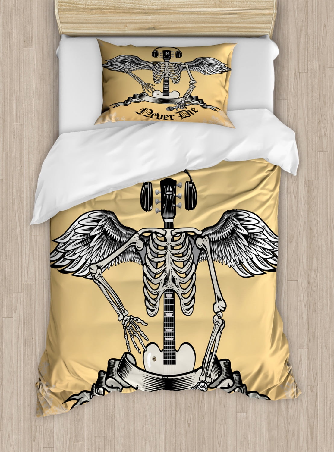 Rock and Roll Duvet Cover Set Twin Size, Rock Legends Never Die Winged