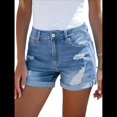 thumbnail image 3 of Shorts Vaqueros Desgastados de Tiro Medio-Alto para Mujer, con Bolsillos y Dobladillo Doblado, Informales, de Verano Azul S, 3 of 7