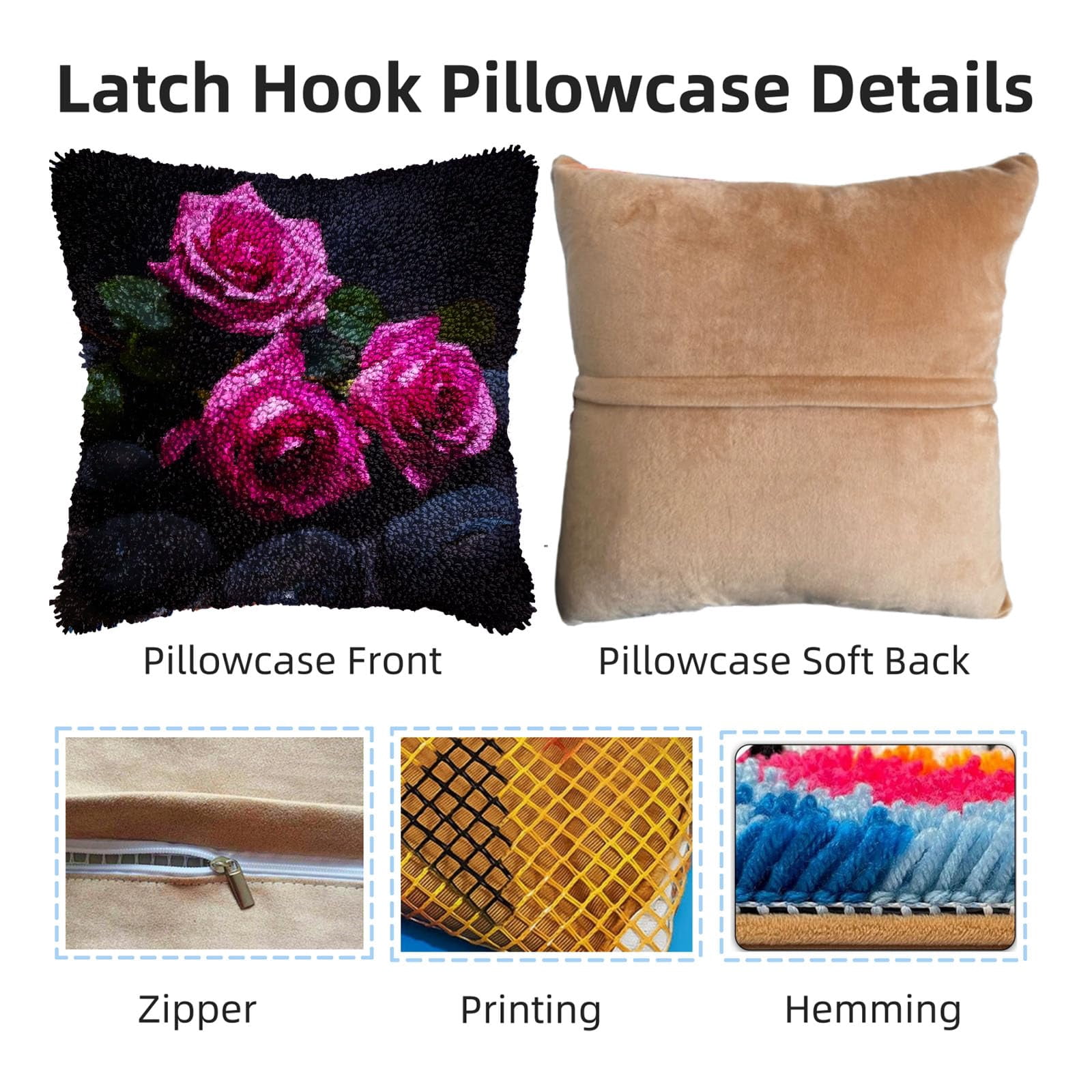 Rose and Black Stones DIY Latch Hook Pillow Kits for Adults Printed Pillowcase Crochet Yarns Hooking Handmade Pillow Cover Cushion for Home Sofa Decoration 17x17inch