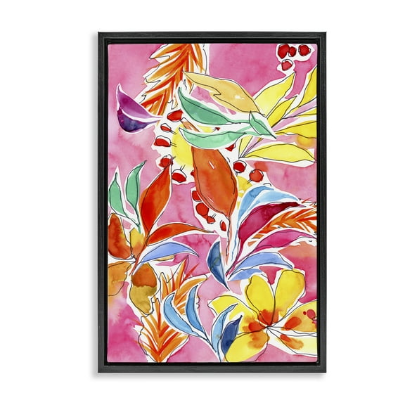 Stupell Industries Whimsical Leaves on Pink Plants & Flowers Painting Black Floater Framed Canvas Art Print Wall Art, 17 x 25