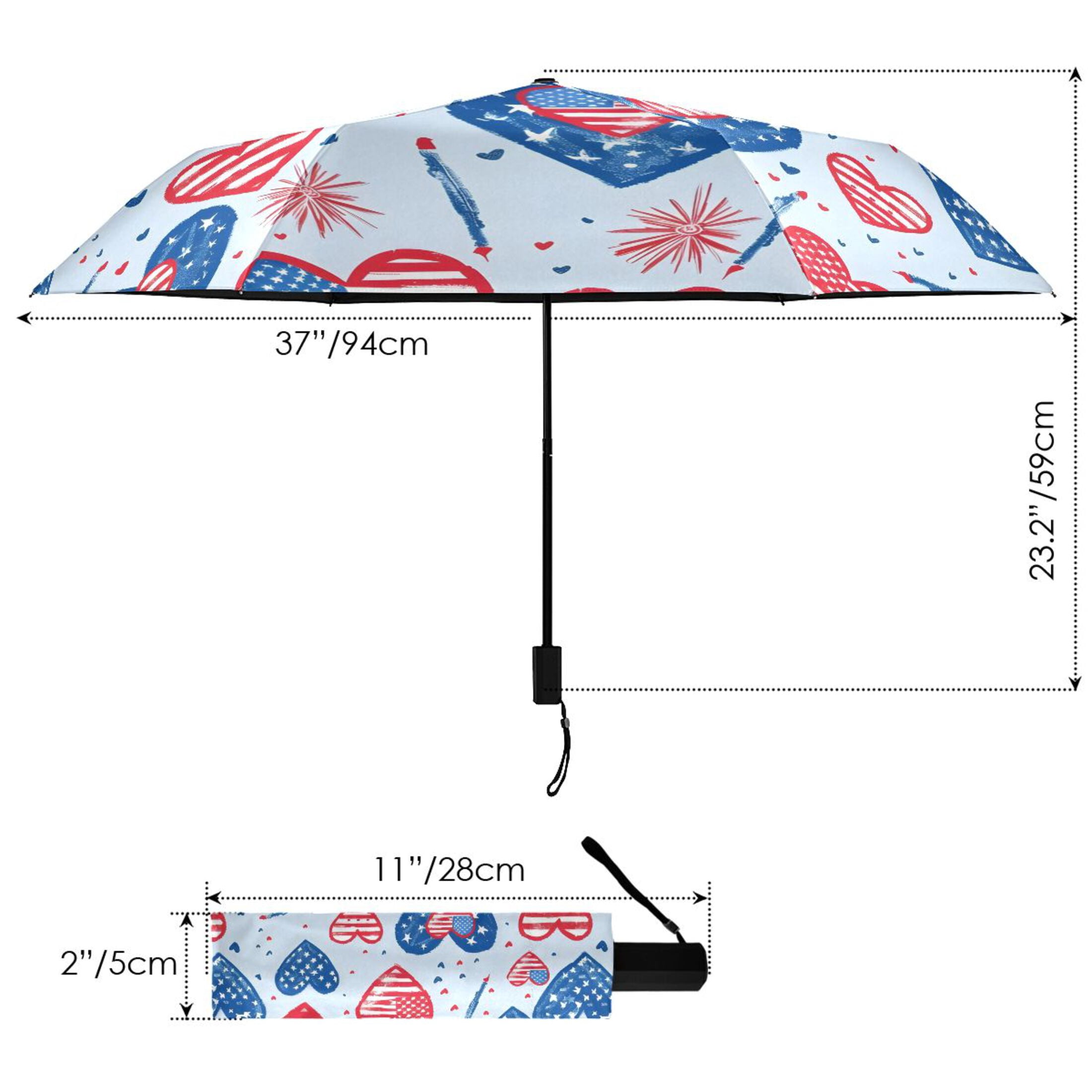 American Flag Heart Compact Sun Umbrella Windproof Travel Umbrellas for Rain Strong Portable UV Protection