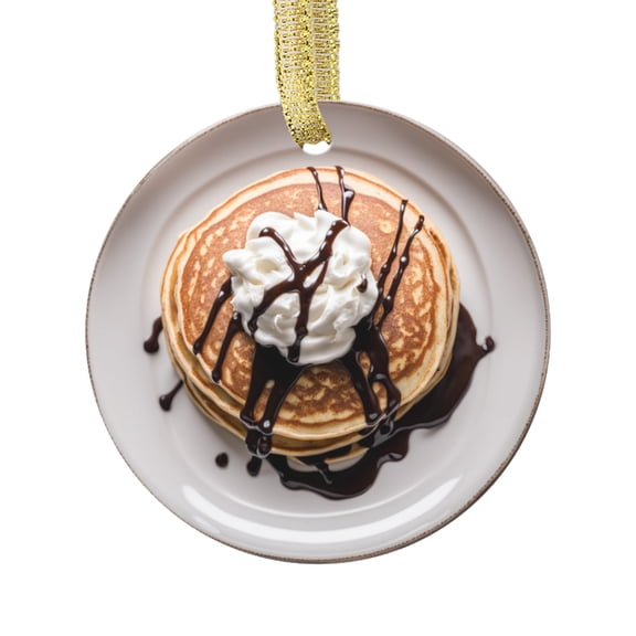 Pancake with Whipped Cream and Chocolate Syrup Breakfast Comfort Food Double Sided Ceramic Foodie Novelty Holiday Christmas Xmas Tree Ornament Gift Accessory (Flat Printed Design, NOT 3D)