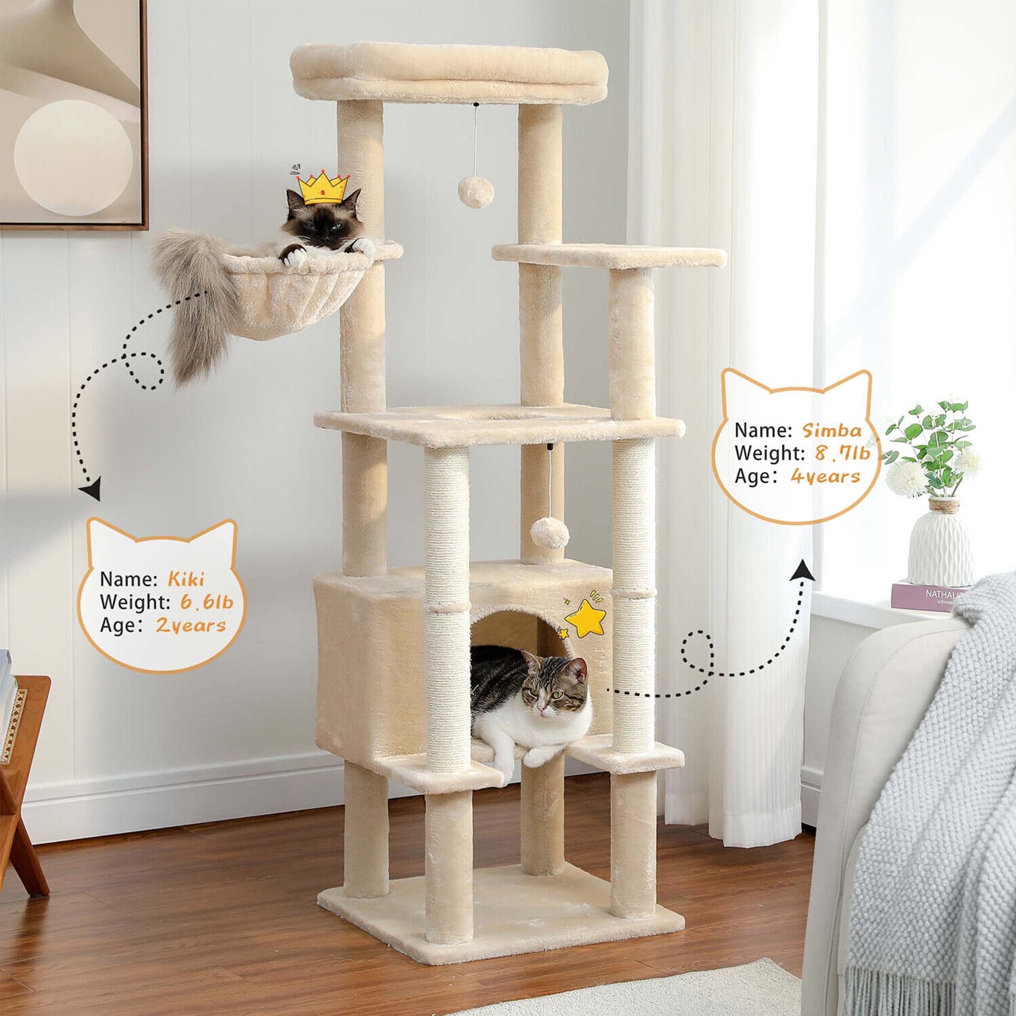Kadyn 54" Cat Tree Tower for Big Cats, Cat Tree House Furniture with Hammock, Indoor Cat Condo for Adult Cats, Beige