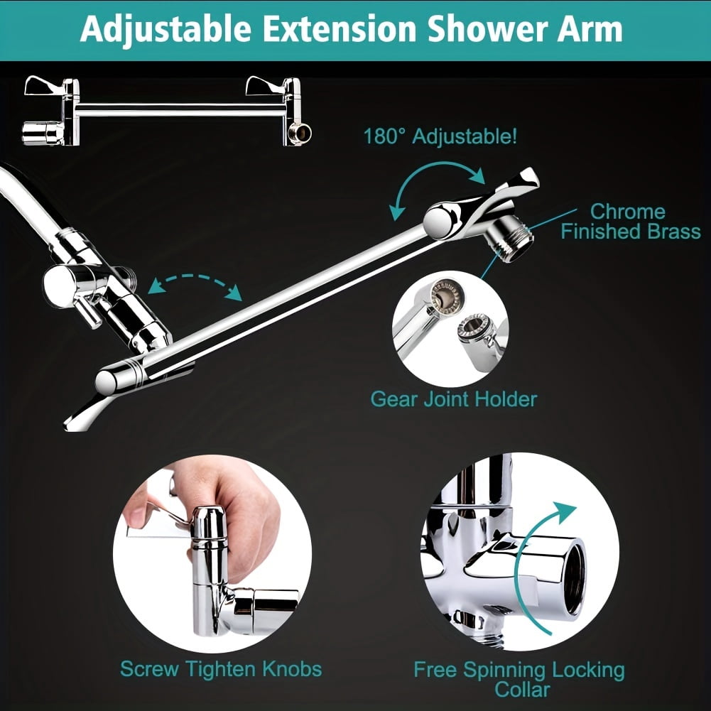Shower Head with Hose, 8'' High Pressure Rain Shower Head, Handheld Shower Head Combo with 11'' Extension Arm, 9 Spray Settings Adjustable Shower Head with Holder, Height/Angle Adjustable, Chrome