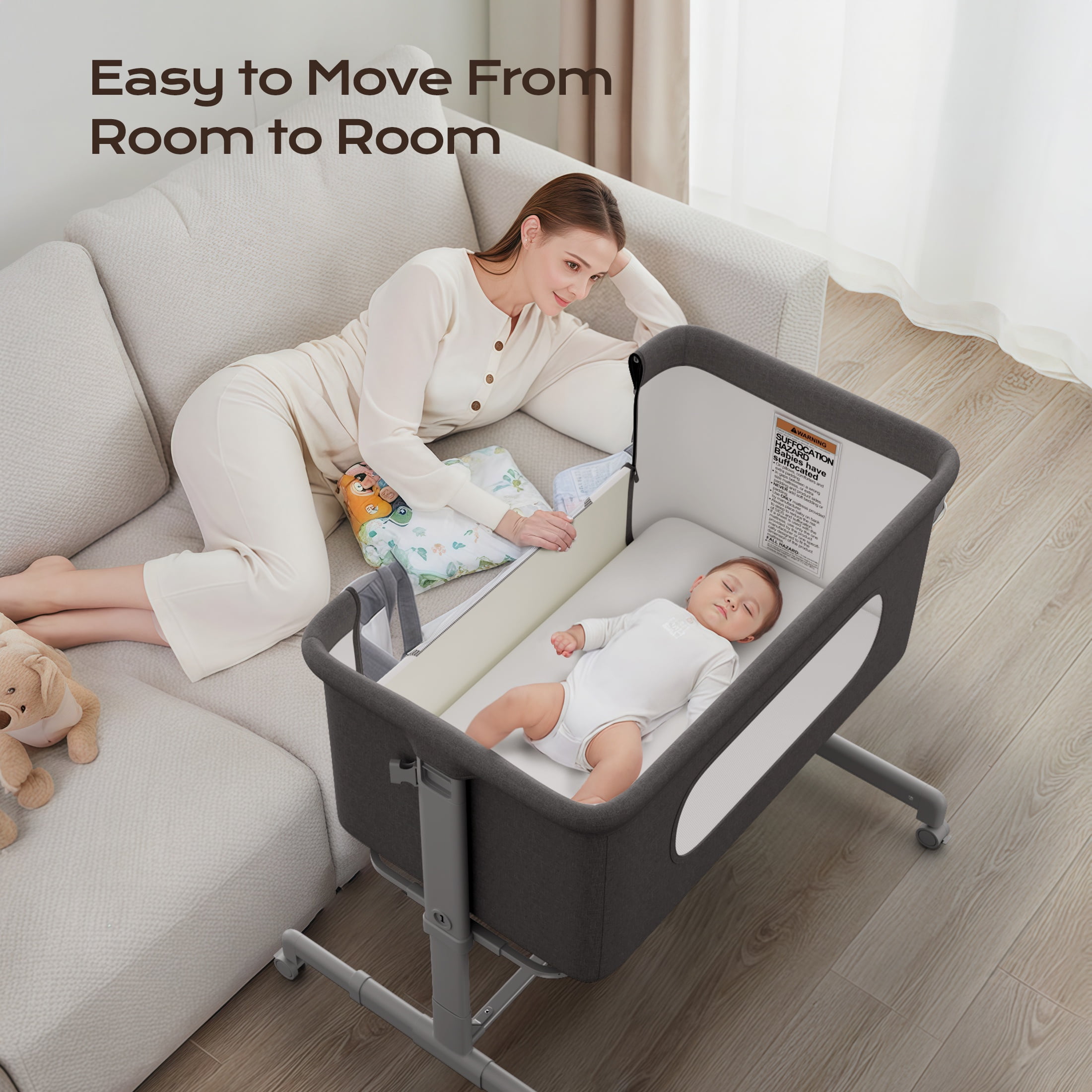 Babyomi Baby Bassinet with Adjustable 6-Level Height, Bedside Crib for Newborn, Grey