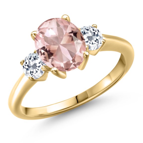 Gem Stone King 10K Yellow Gold Peach Nano Morganite and White Topaz Engagement Ring for Women | 2.66 Cttw | Oval 9X7MM | Gemstone October Birthstone | Size 5