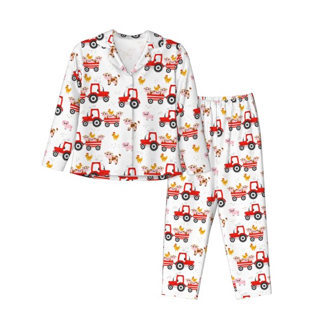 Saiise Tractor With Farm Animals Pattern Women's Long-Sleeved Pajama Set Button Front Sleepwear with Pockets Lounge Set for Home Relax Nightwear-Large