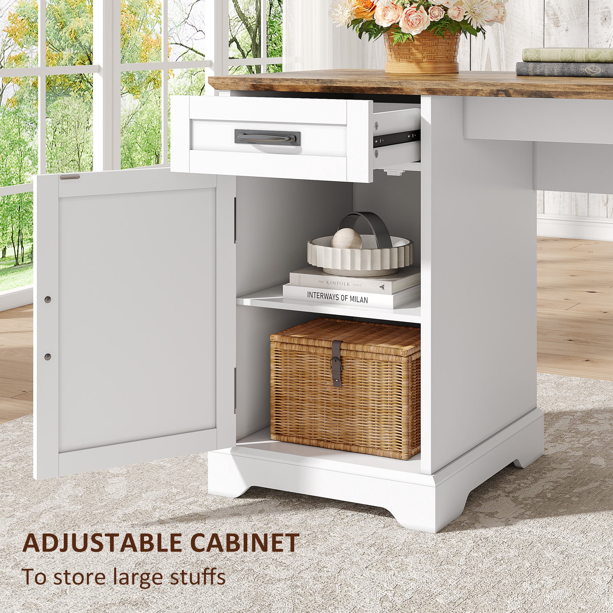 67'' Farmhouse L Shape Desk with File Drawers and Charging Station for Home Office, White