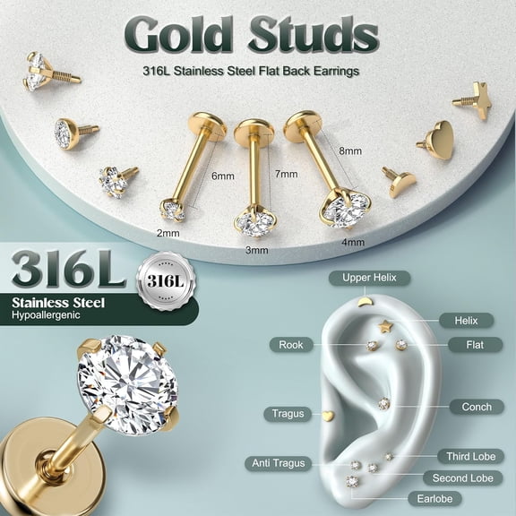 14K Gold Filled Nose Studs Rings for Women 316L Surgical Steel Internal Thread Flat Back Stud earrings Lip Labret Nose Rings Studs Hypoallergenic Lip Monroe Labret Medusa Piercing Jewelry Gold1