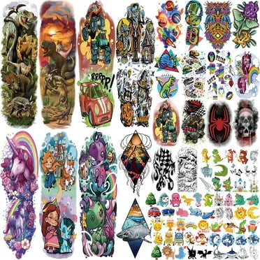 52 Sheets Kids Full Arm Temporary Tattoo Fake Tattoos Kids, Temporary Tattoos Realistic Dinosaur Monster Car Shark Planet Spider for Boys, Princess Castle Unicorn Butterfly Lasting Tattoos for Girls