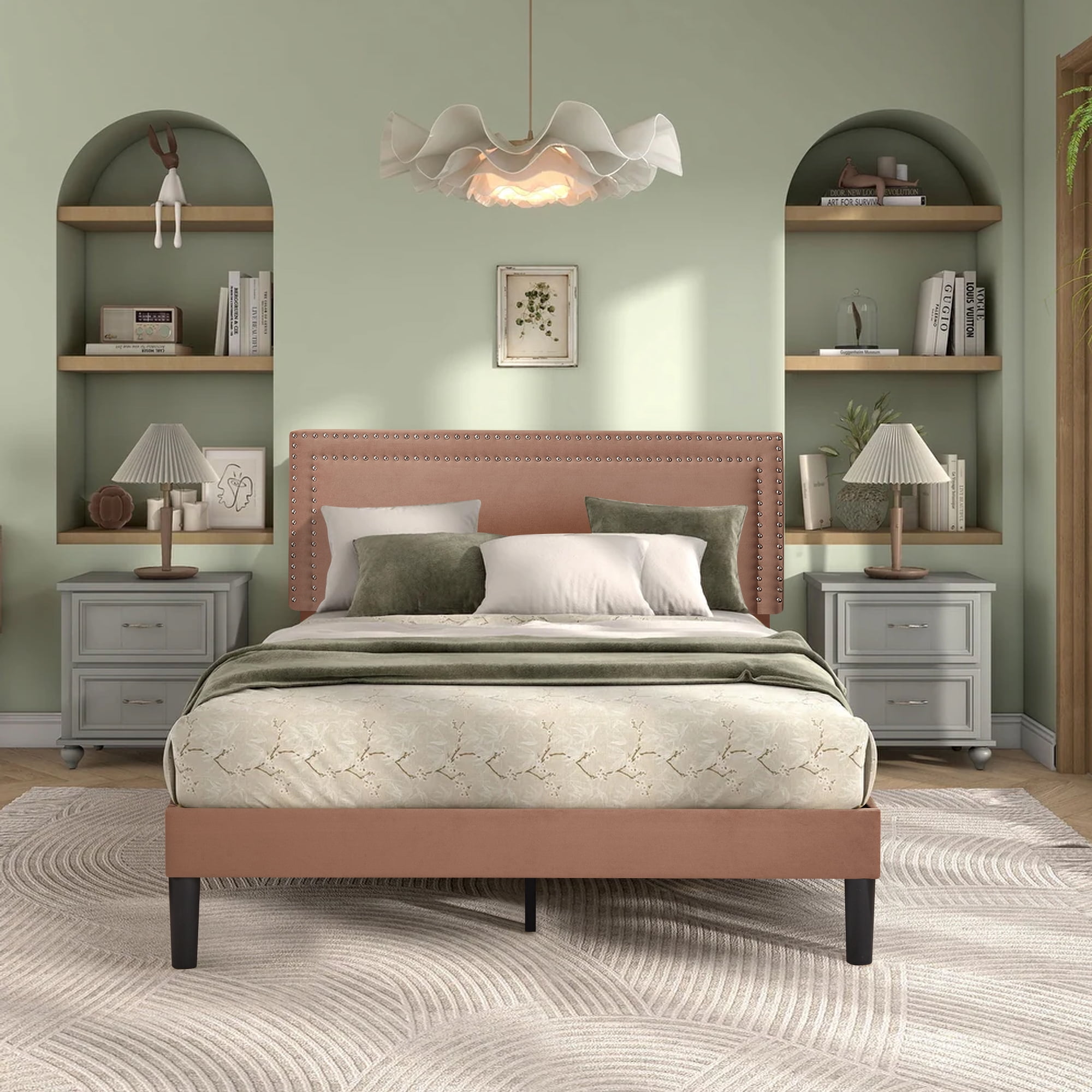 VECELO Full Size Platform Bed Frame, Modern Upholstered Bed Frame with Adjustable Height & Nailhead Trim Headboard, No Box Spring Needed, Easy Assembly, Coffee