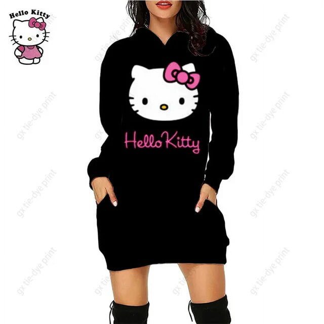 Nouveau Chandail à Capuchon Léopard Hello Kitty Femme Simple Col Rond Polyvalent Chandail Long Bureau Décontracté Ample Chandails à Capuchon Robe d'Automne