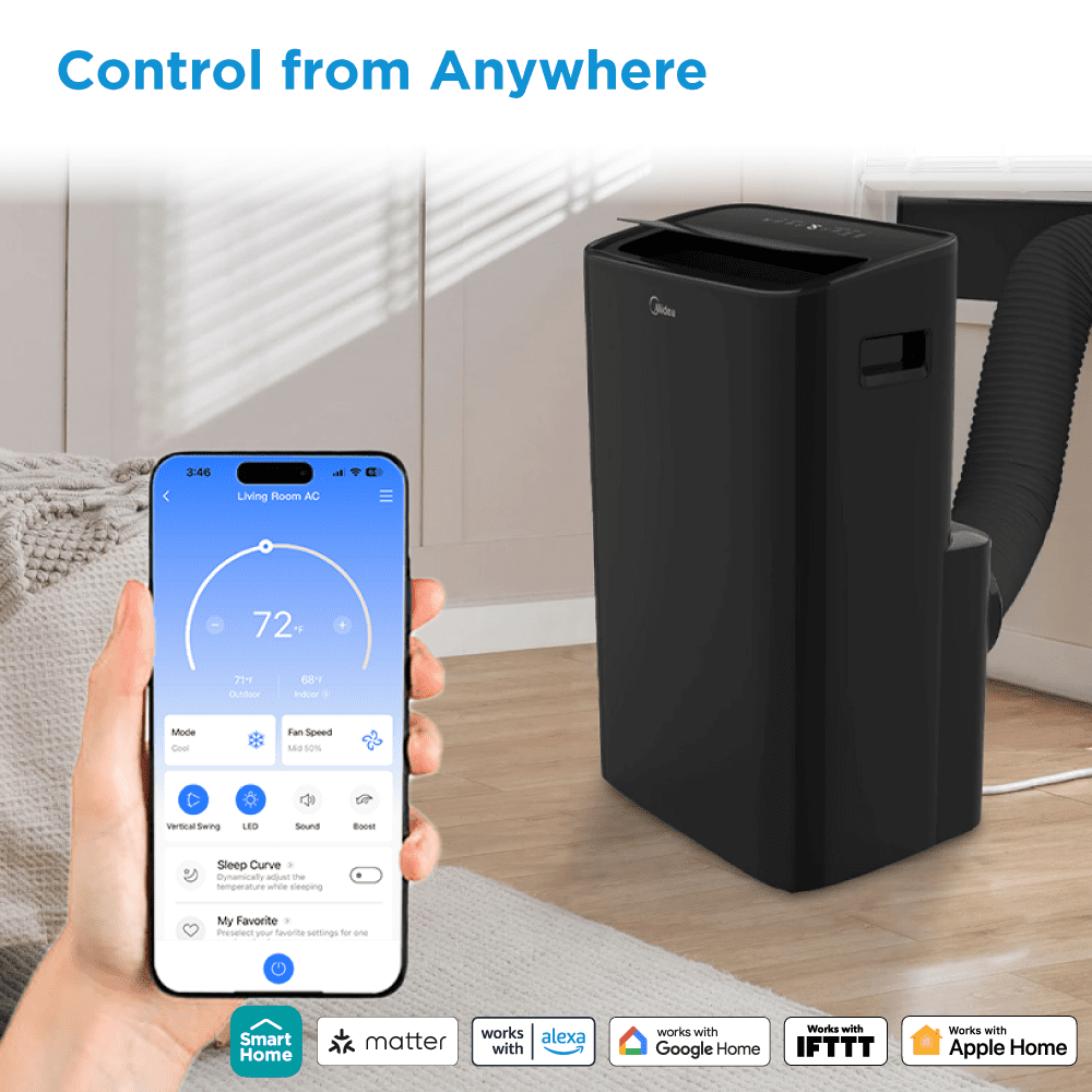 Midea 10,000 BTU (13,500 ASHRAE) 115V Smart Portable Air Conditioner with Remote, App and Voice Control, Covers up to 450 Sq. ft., MAP10S1XWBL, Black
