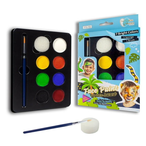 ColorMaster Face Painting kit for kids, 7 Bright Colors, 1 Sponge, 1 Bush