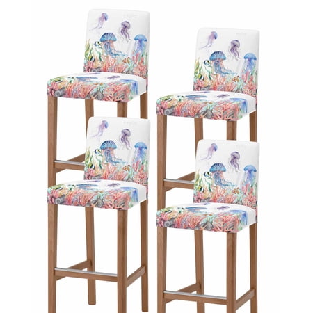 Jellyfish Coastal Bar Stool Covers Set of 4, Summer Beach Blue Purple Coral Ocean Stretch Washable Bar Chair Covers with Backs, Removable Pub Counter Height Chair Cover for Kitchen Dining Room Cafe