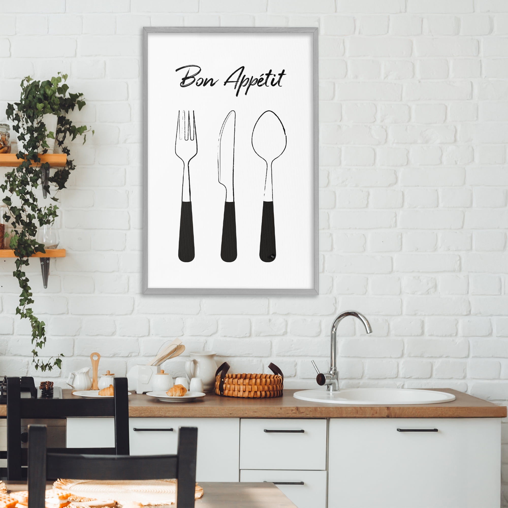 Stupell Industries Bon Appetit Fork Knife Spoon Gray Framed Giclee Art, design by Martina Pavlova