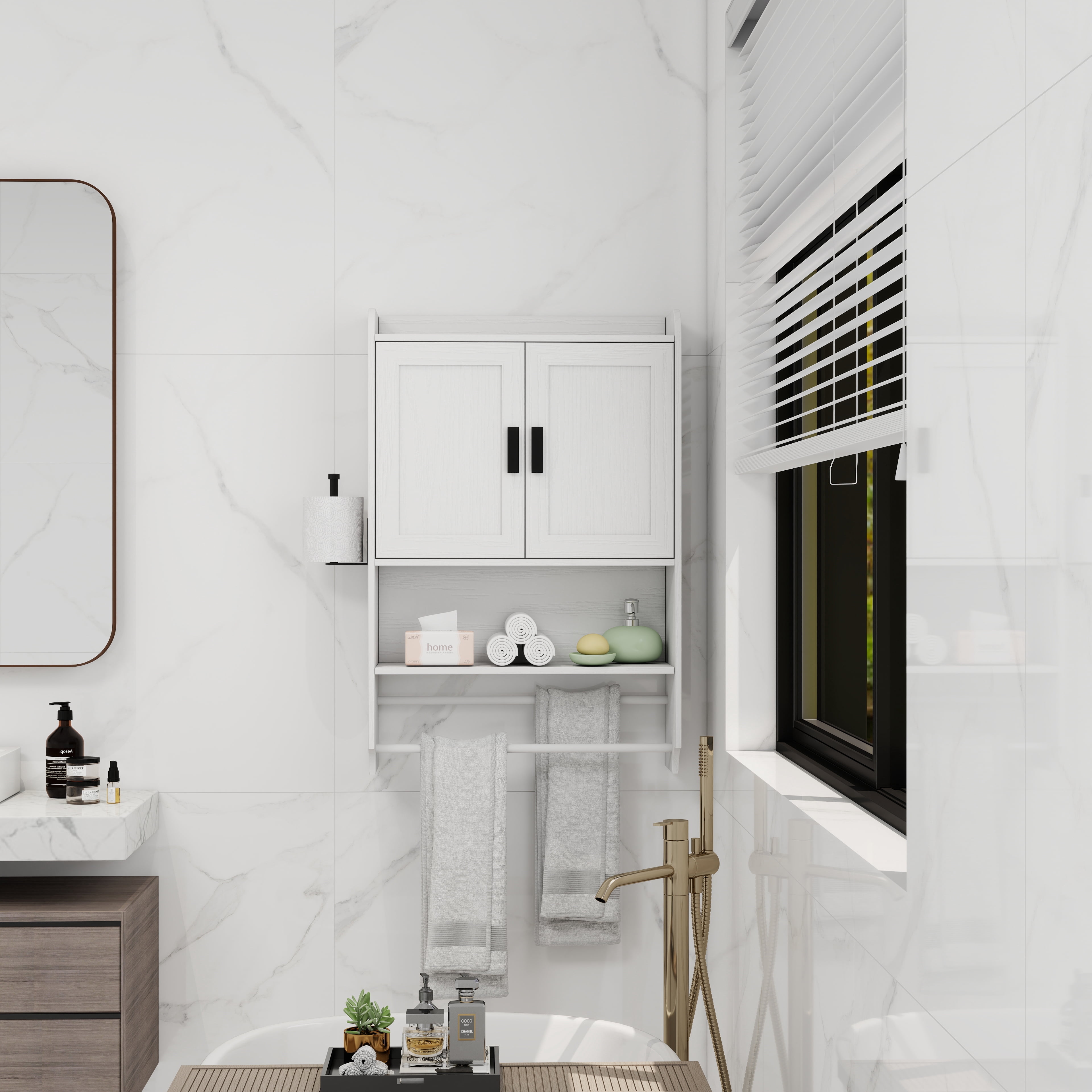 Bathroom Wall‑Mounted Storage Cabinet with Doors, Adjustable Shelf, Towel Bar & Toilet Paper Holder, Over‑Toilet Medicine Cabinet for Bathroom Kitchen Laundry Room