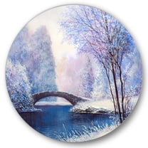 Designart 'Bridge Of Meandering River With Winter Scenery III' Lake House Circle Metal Wall Art 36x36 - Disc of 36