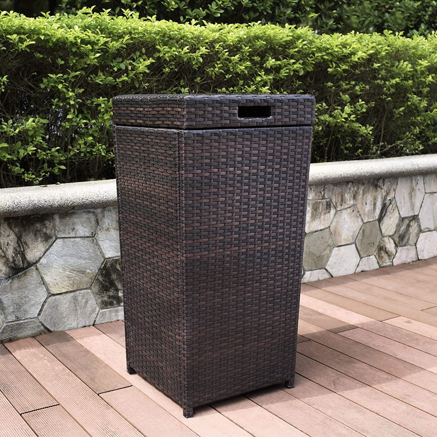 Large Brown Wicker Waste Basket with Lid Wastebasket Poolside Garbage