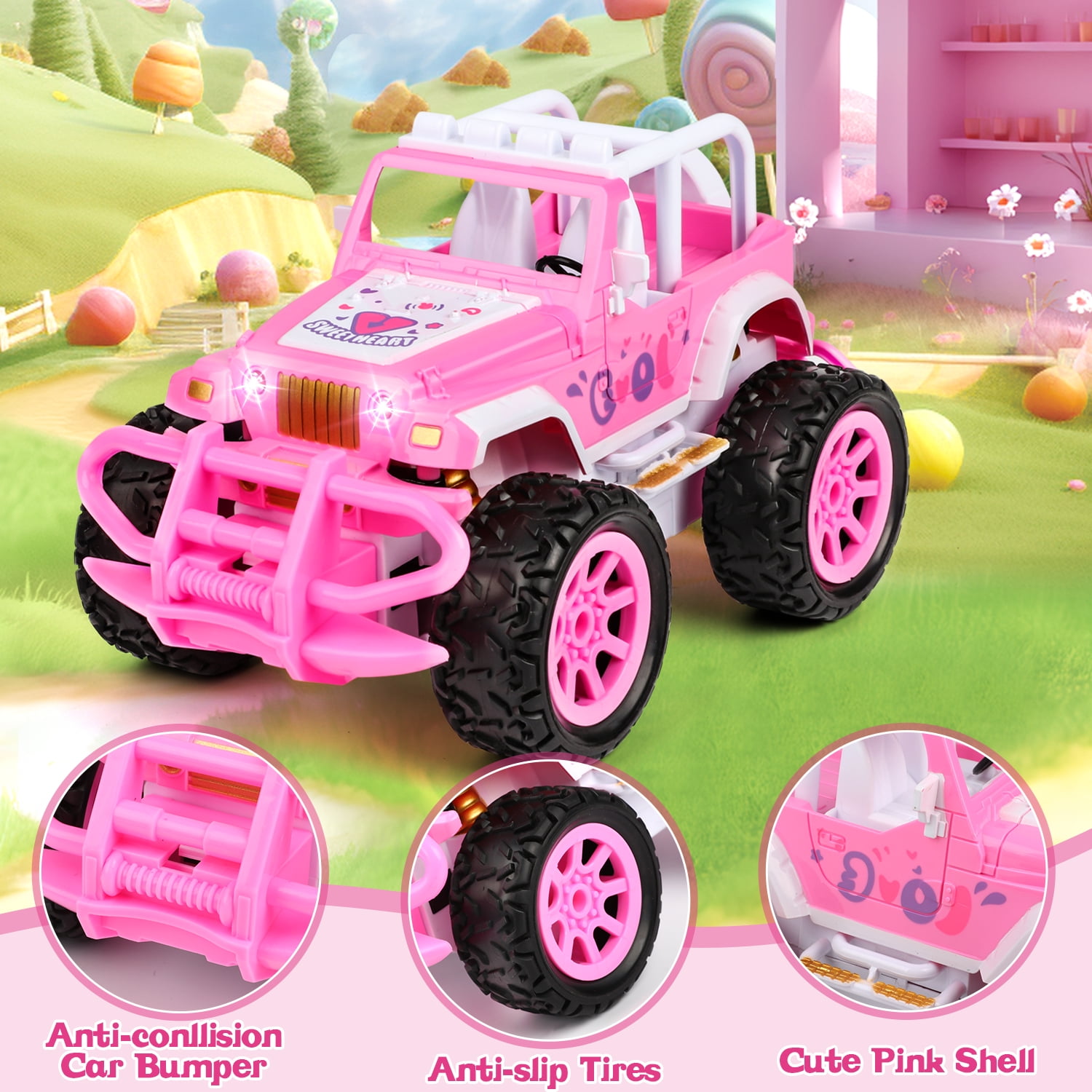 Flooyes Remote Control Car for Girls, Pink RC Car, 2.4Ghz All Terrain Off-Road RC Truck with Rechargeable Battery, Girl Toys Birthday  Gifts for 3 4 5 6 7 8 Years Old Kids