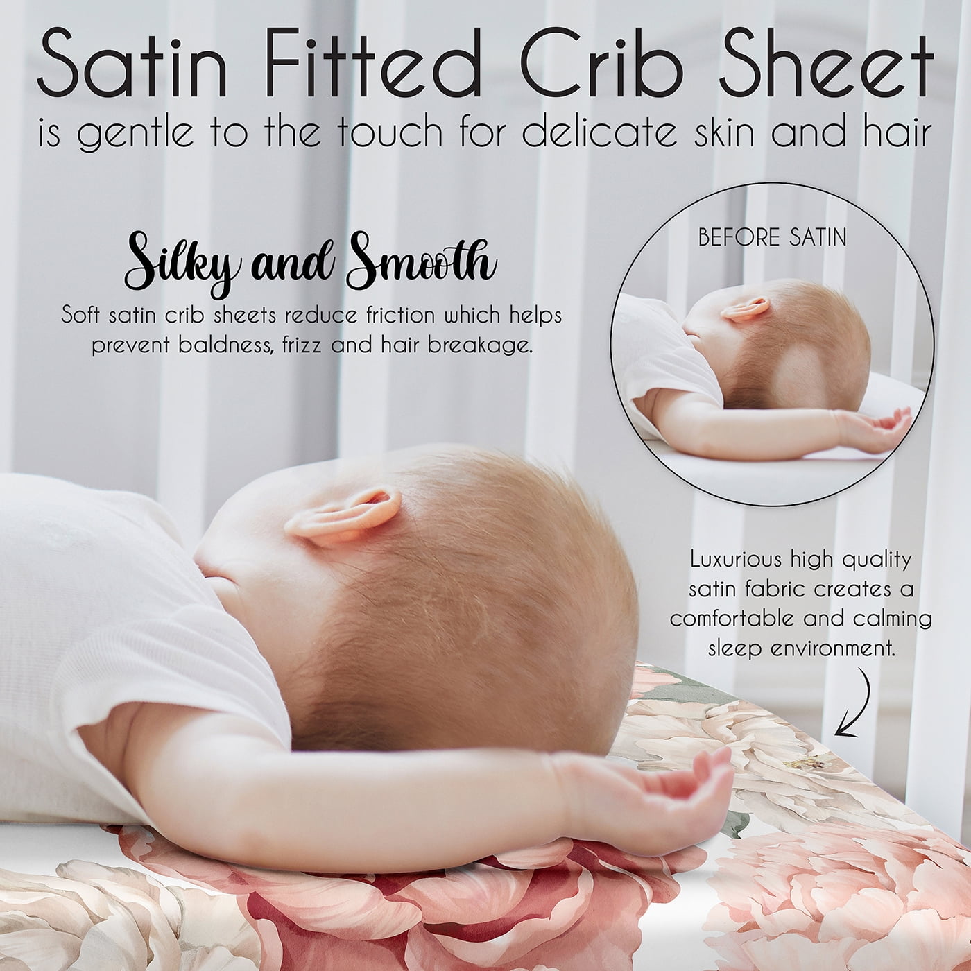 Sweet Jojo Designs Peony Floral Garden Blush Pink Off White Ivory Cream Satin Fitted Crib Sheet