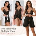 thumbnail image 5 of DAKIMOE Sexy Lingerie for Women Pajamas Set Open Front V Neck Ruffle Sheer Mesh Lace Wireless Babydoll Lingerie Dress with Thong 2 Piece for Valentine's Day, 5 of 11