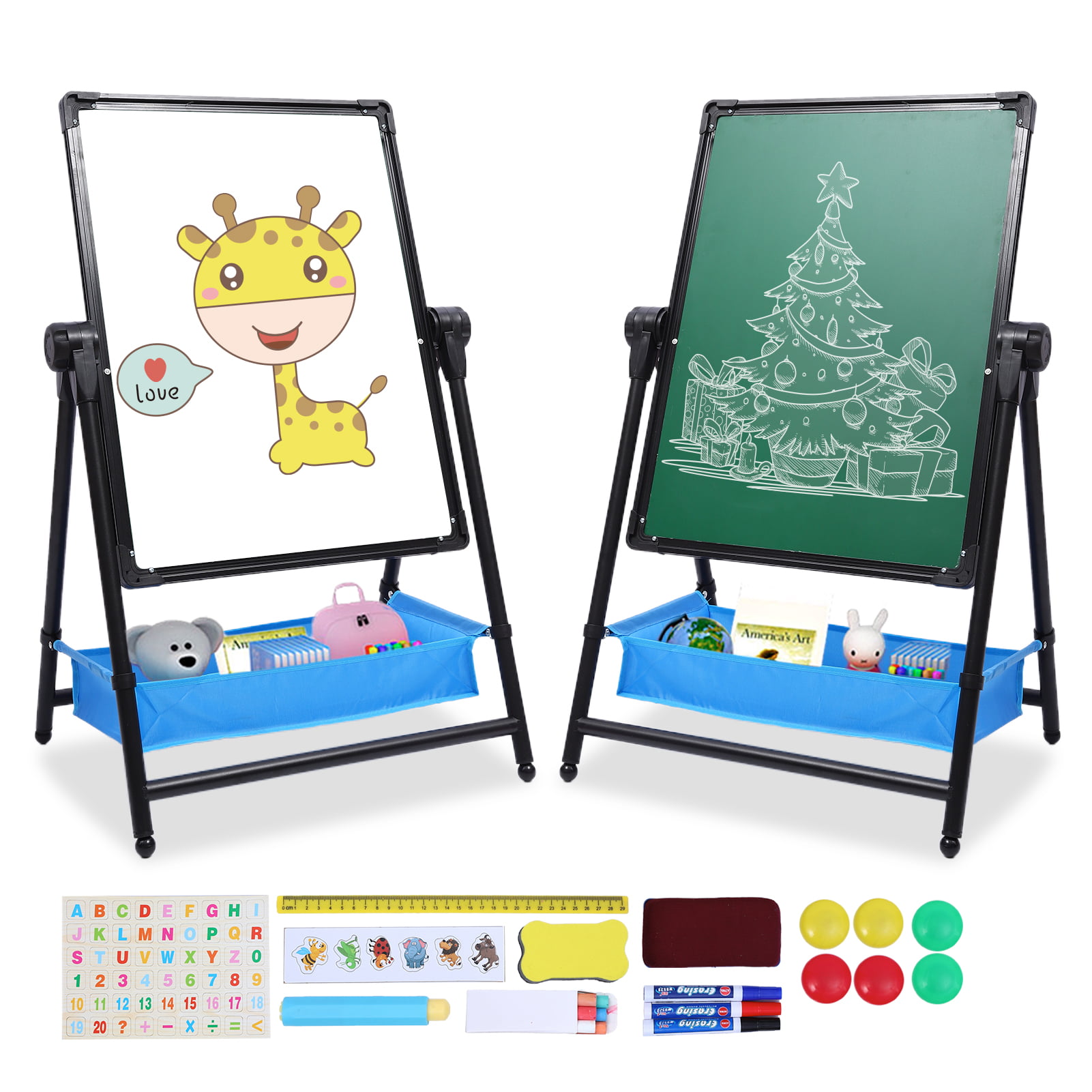 Shipped from US Kids Art Easel Black 360°Rotating with Bonus Magnetic Letters and Numbers and Art Supplies Double-Sided Whiteboard and Chalkboard Adjustable Standing Easel with Paper Roll Holder 