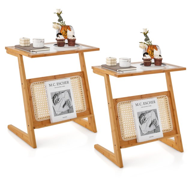 Patiojoy 2pcs Z-shaped Side Table w/ Rattan Shelf Glass Top End Table w/ Magazine Rack Space-saving Sofa side Bedside Table