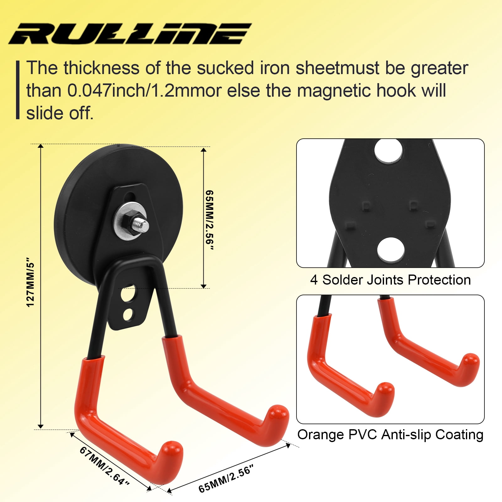 RULLINE  4 Pack Heavy Duty Magnetic Hooks - Strong 2-in-1 Dual Hook Design, No Drill Installation with Thick Rubber Coating for Garage, Workshop & Kitchen Tools, Indoor/Outdoor Storage (Orange)