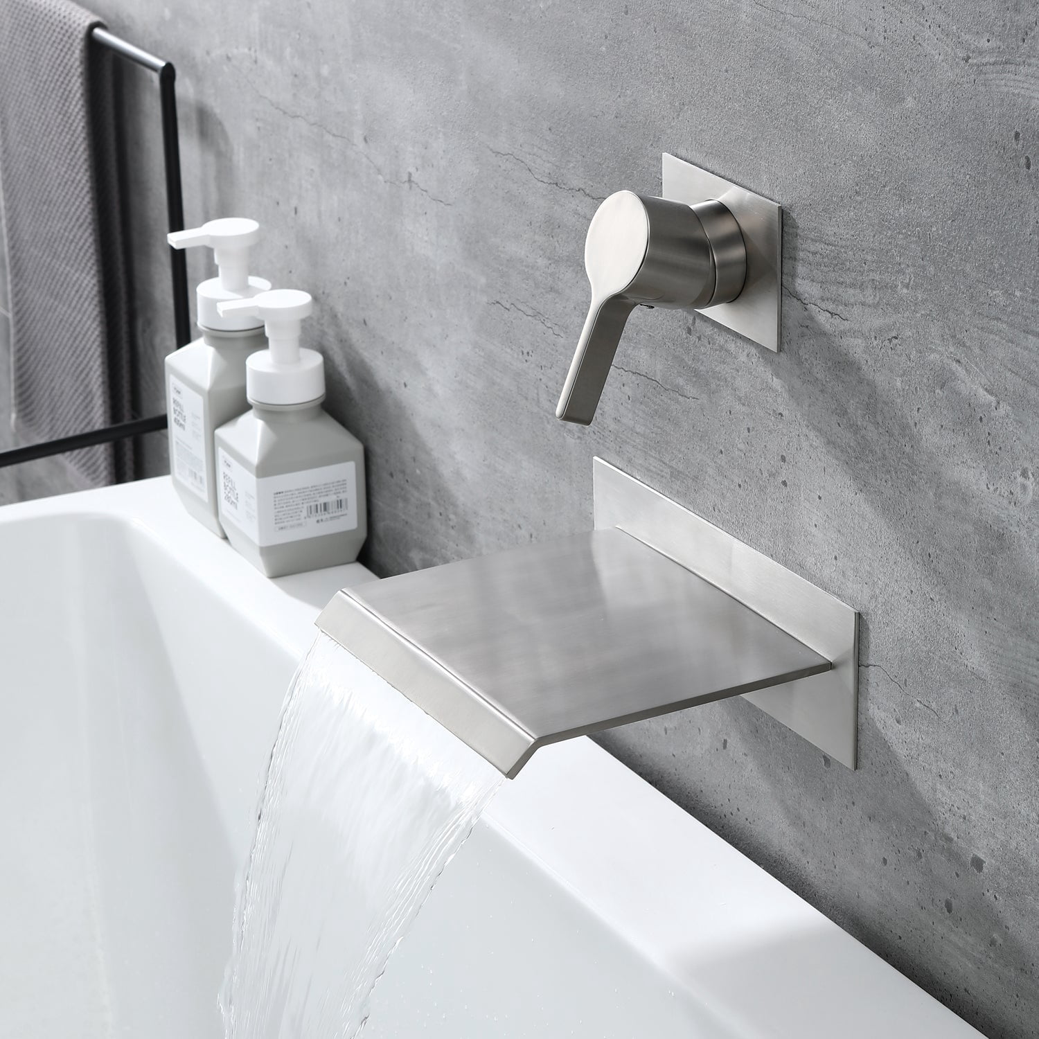 Sumerain Wall Mounted Brass Tub Faucet Brushed Nickel with Valve,Waterfall Tub Filler Faucet, Single Handle High Flow rate