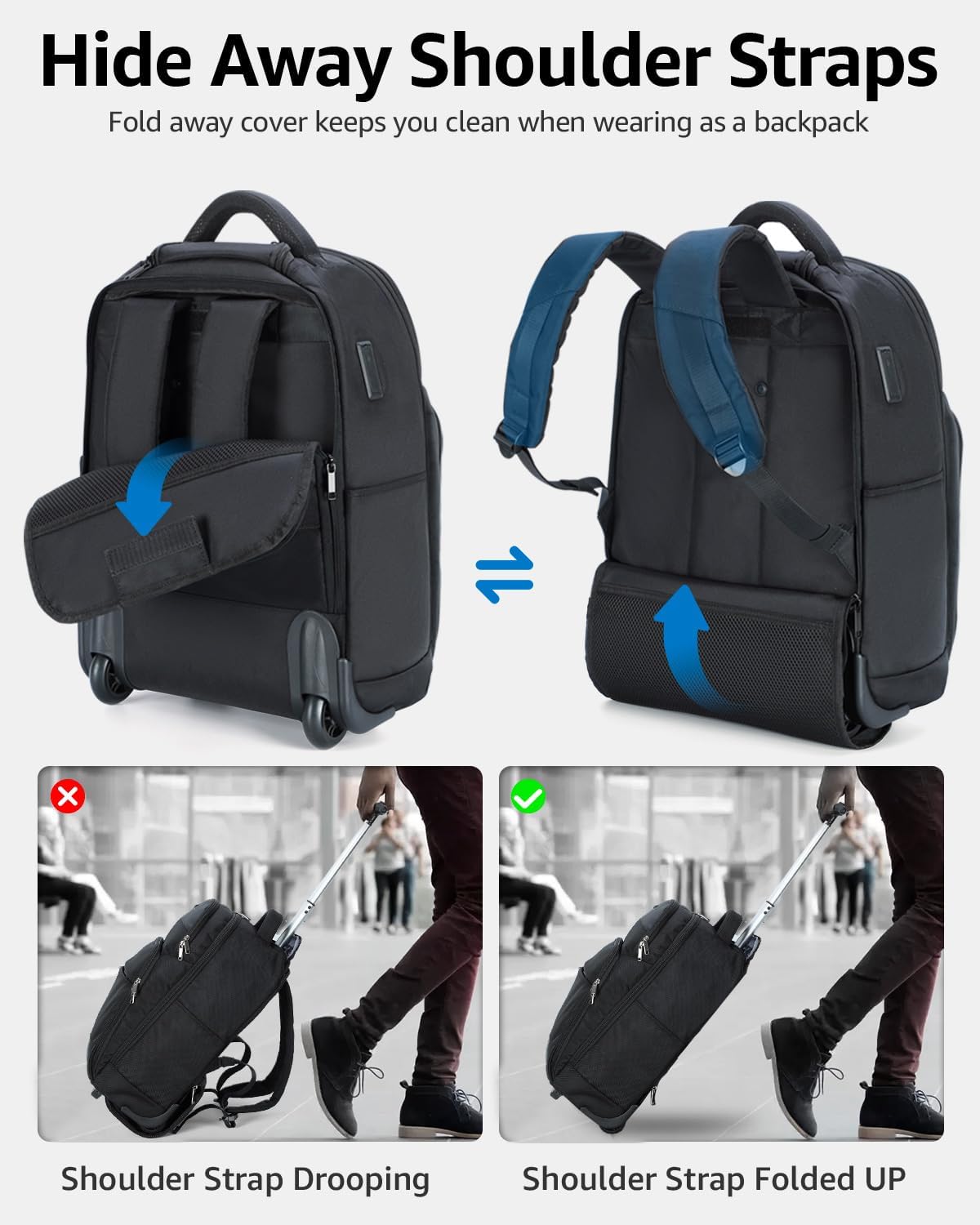 Rolling Backpack, 30L Travel Laptop Backpack with Wheels, 15.6 Inch Roller Carry on Luggage, Flight Approved Personal Item Wheeled Suitcase for Men Women Adults, Black