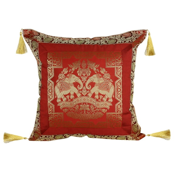 Stylo Culture Indian Brocade Living Room Throw Pillow Sham Cover Maroon Gold 18x18 Jacquard Weave Tassels Sofa Cushion Cover 45 x 45 cm Polydupion Silk Zippered Elephant Square Pillow Case | 1 Pc