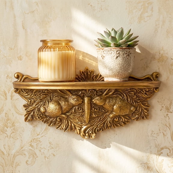 American Art Decor Vintage Ornate Resin Rabbit Manor Baroque Leaf Accent Floating Wall Mounted Shelf - Antique Gold
