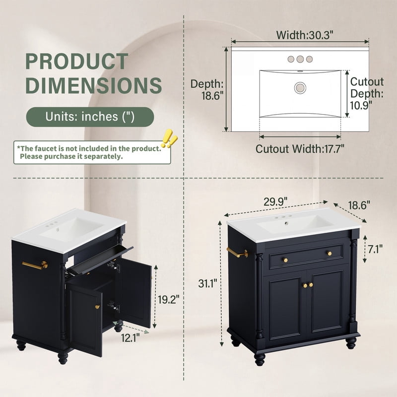 Lacoo 30'' Freestanding Bathroom Vanity with Integrated Ceramic Sink, Traditional Bathroom Storage Cabinet with Flip Drawer, Double Doors & Side Towel Bar, Blue