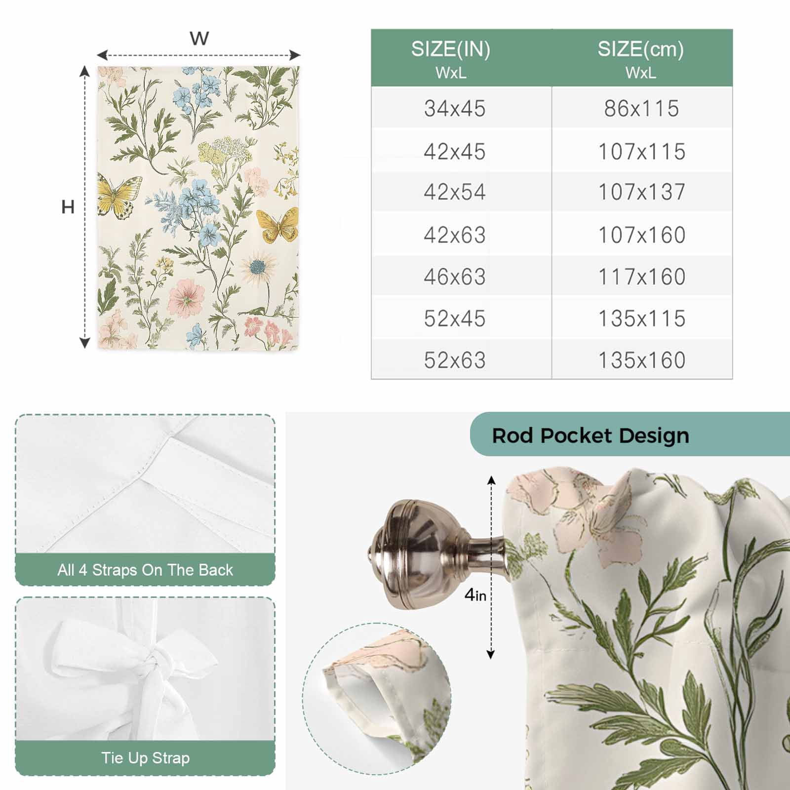Colored Wildflowers Tie Up Curtain 45 Inches Long, Butterfly Leaf Linen Texture Balloon Style Kitchen Window Curtain Over Sink, Small Window Rod Pocket Curtain 34"x45"